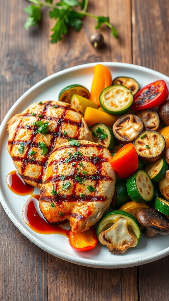 Grilled chicken with mixed vegetables on a rustic table, garnished with herbs.
